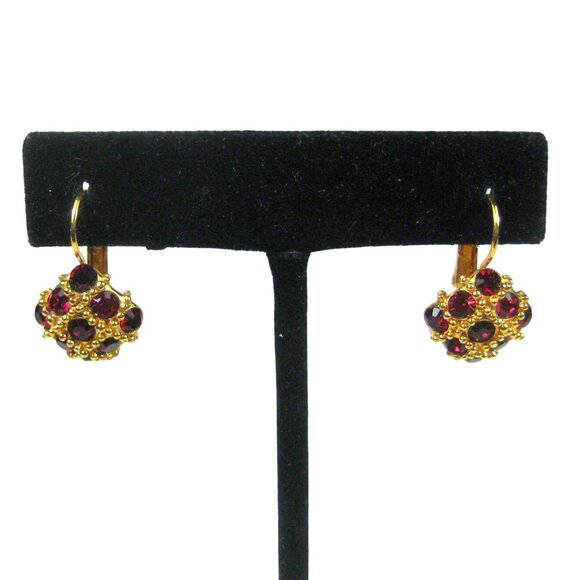 Joan Rivers Gold Tone Red Crystal Drop Earrings Signed Leverback - Picture 1 of 9